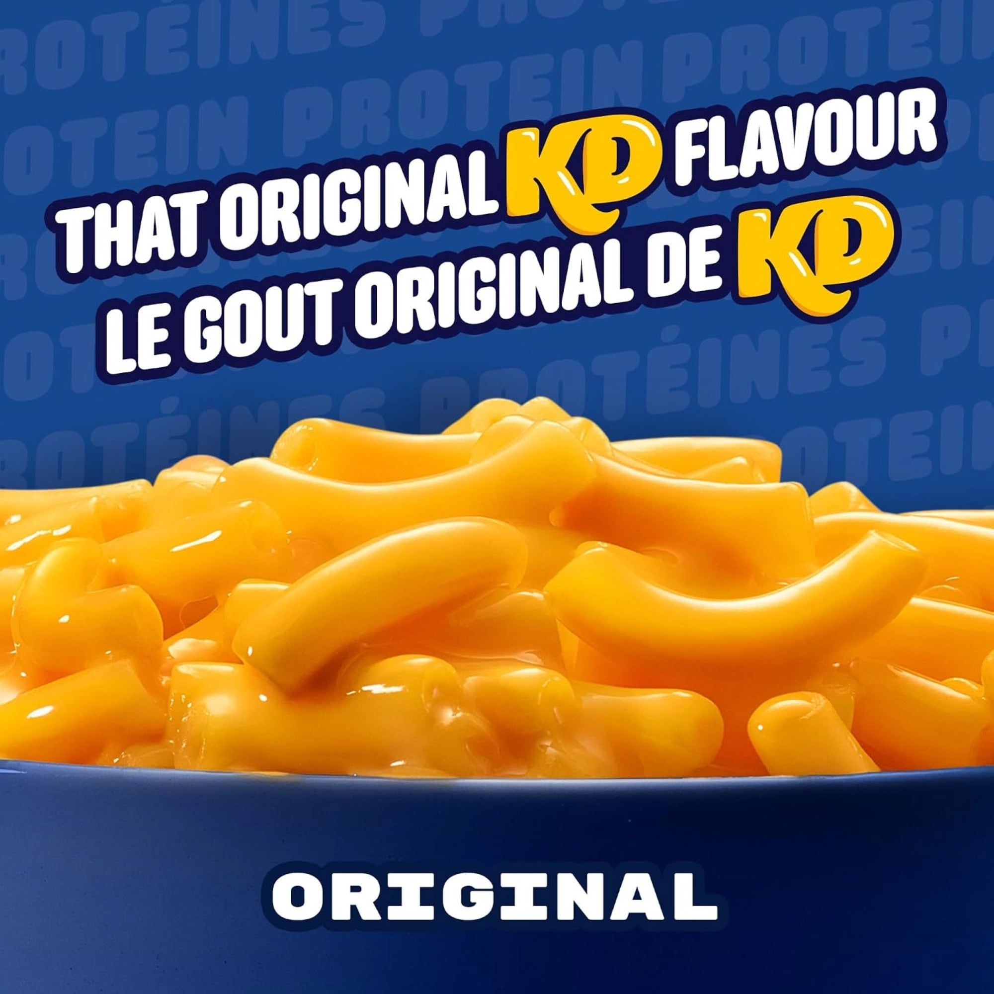 Close-up of KD+ Original macaroni in cheese sauce with an Original flavor message.