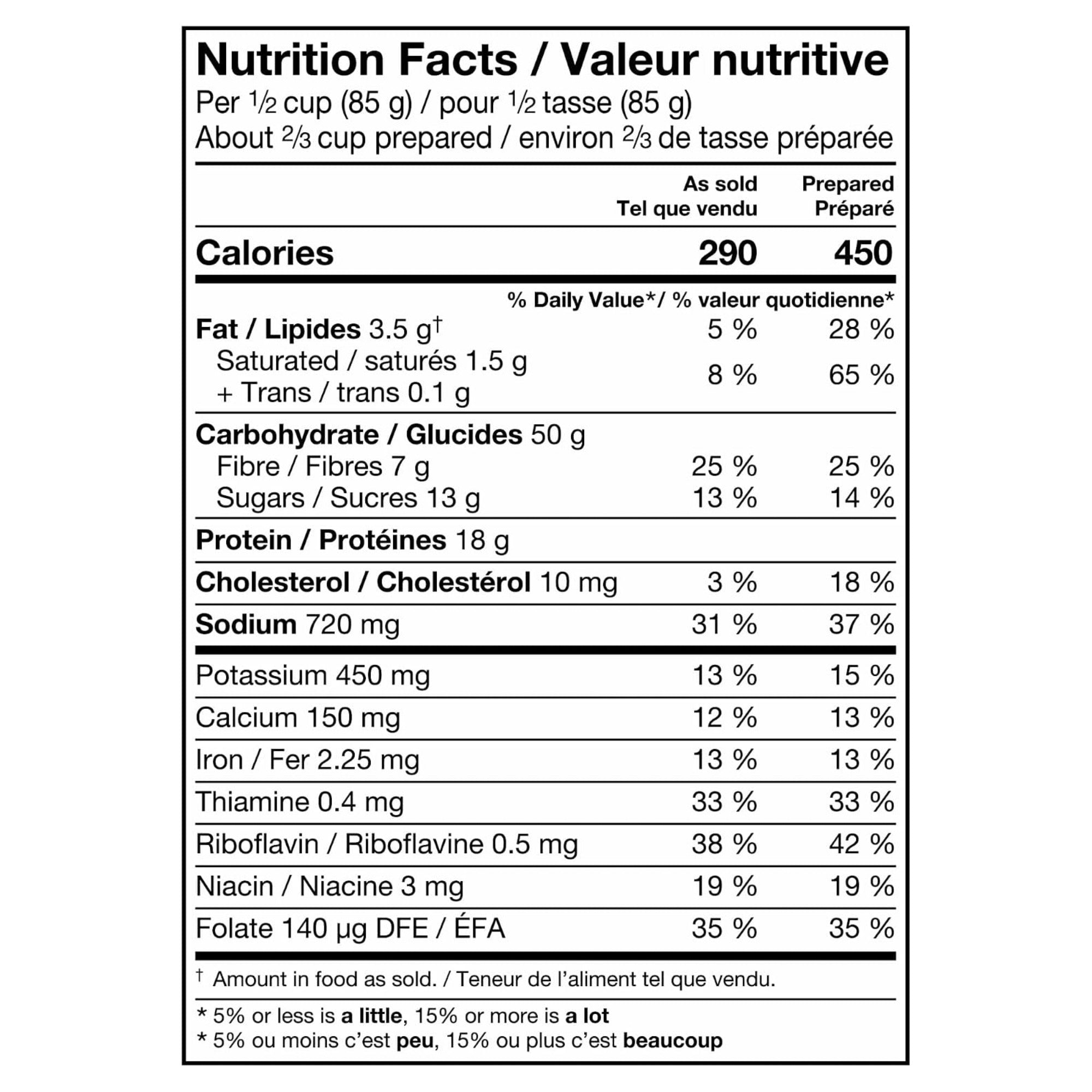 KD+ Original nutrition facts showing 18 g protein and 7 g fiber per 85 g serving as sold.