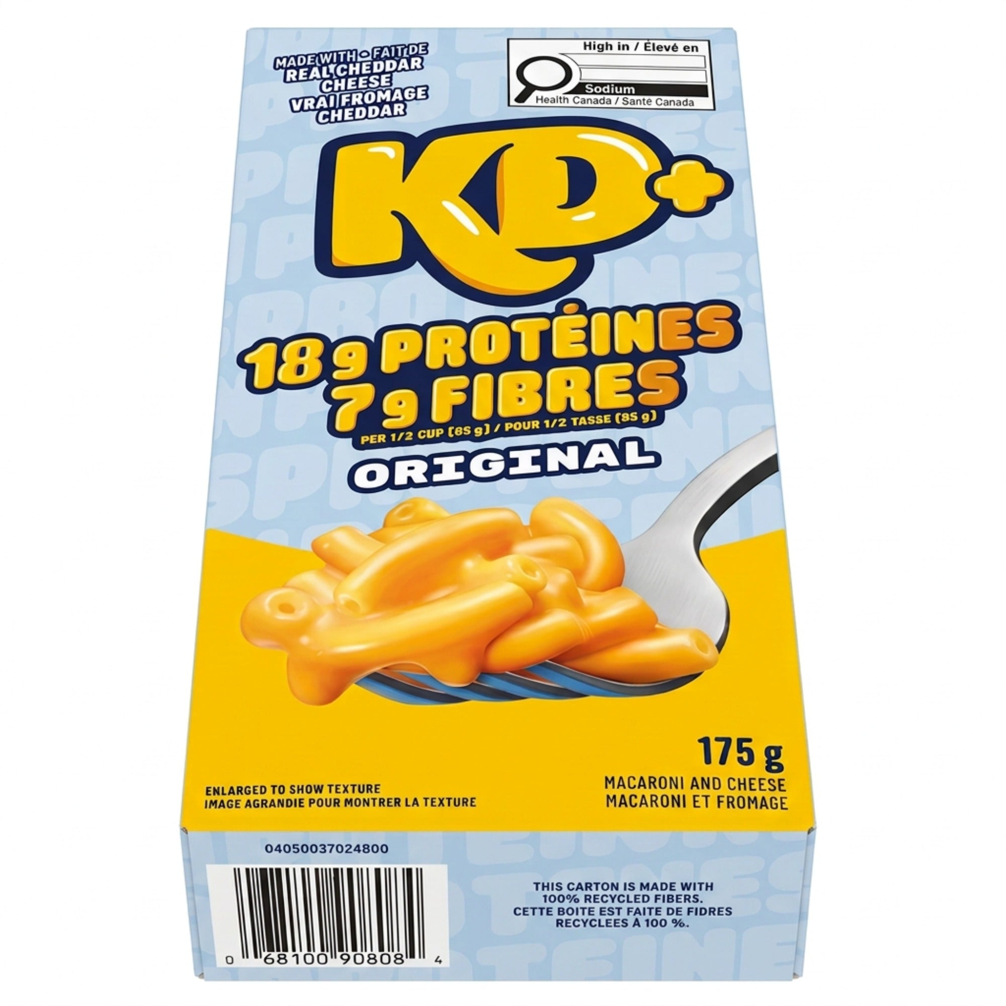 Angled KD+ Original 175 g package showing the front, high-sodium symbol, and UPC barcode.