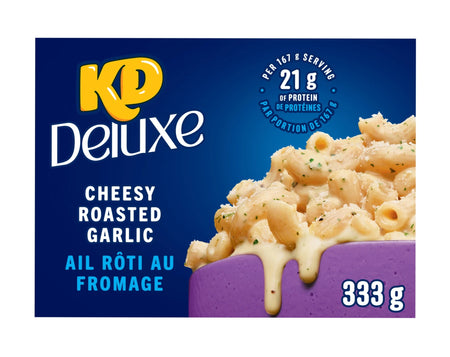KD Deluxe Cheesy Roasted Garlic pasta packaging with blue and purple design.