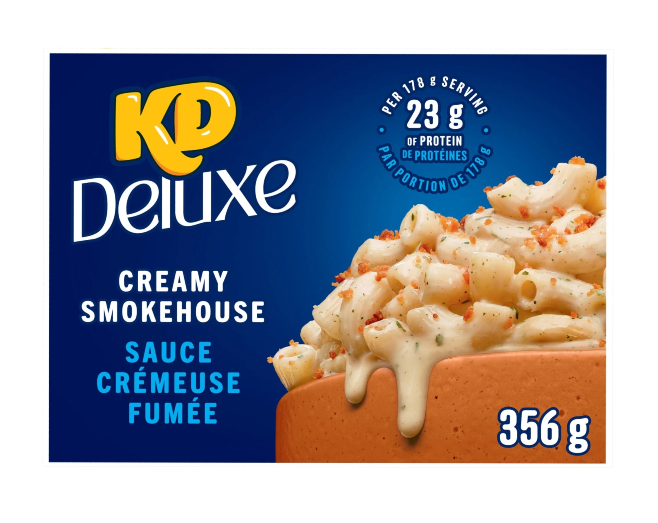 KD Deluxe Creamy Smokehouse pasta sauce packaging with macaroni and cheese.