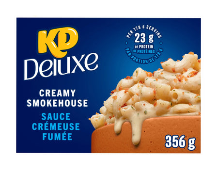 KD Deluxe Creamy Smokehouse pasta sauce packaging with macaroni and cheese.