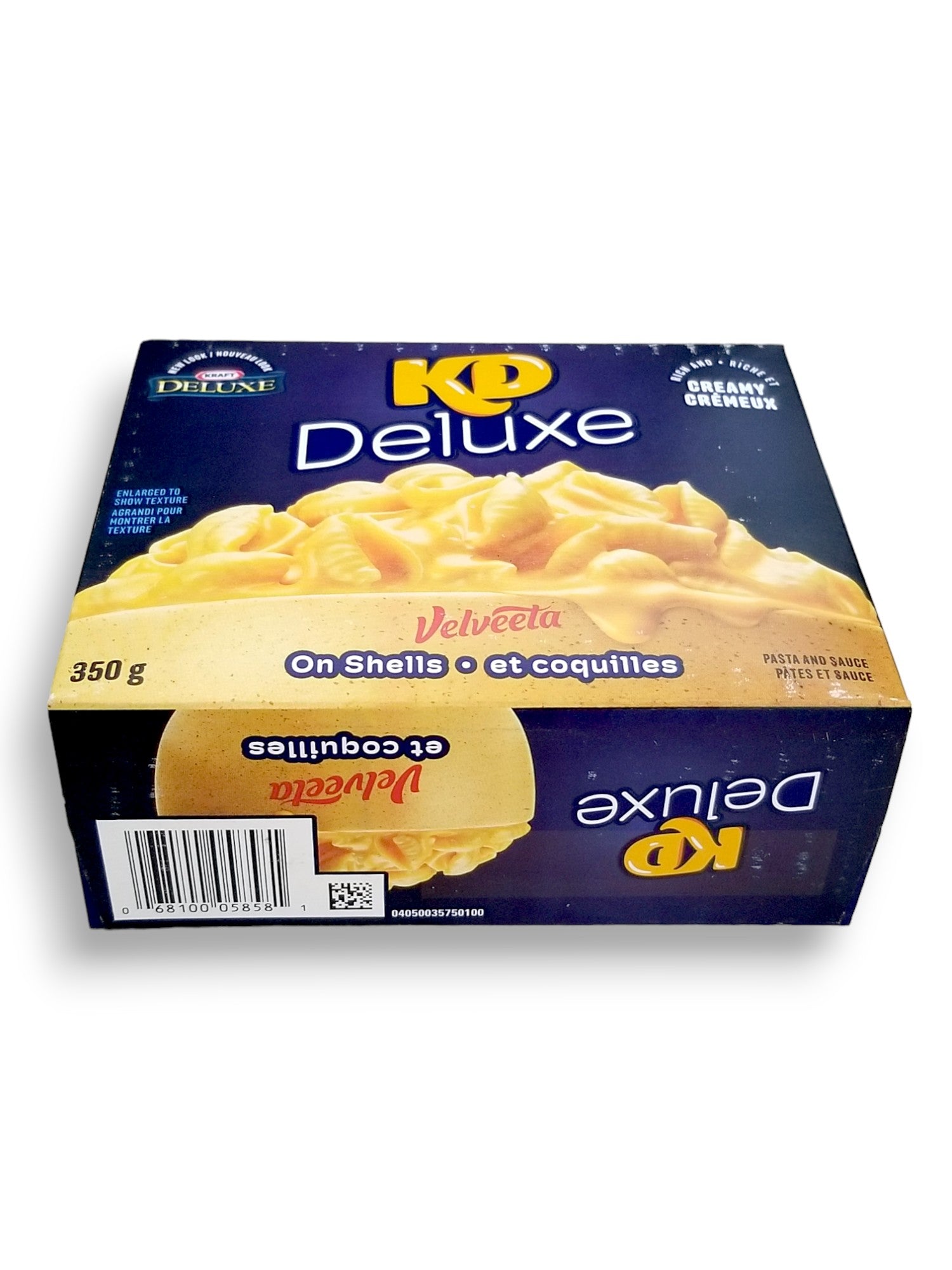 KD Kraft Dinner Deluxe Velveeta On Shells, Rich And Creamy Mac & Cheese, 350g/12.3 oz., bottom of box with upc.