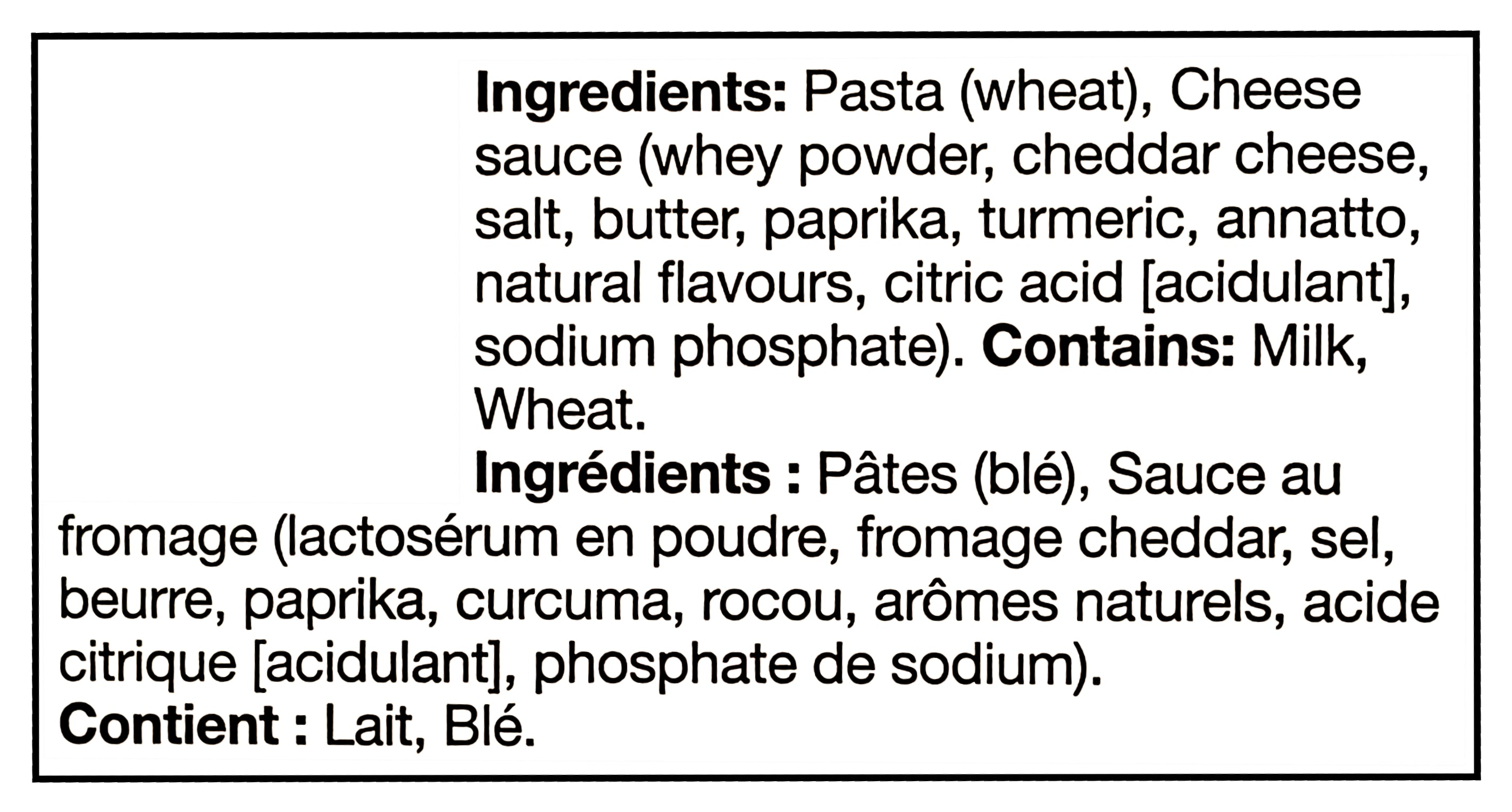 Ingredients list for KD Kraft Dinner Original Macaroni and Cheese, 5 Pack, 200g each, 1000g/35.2 oz with allergen information on a black background