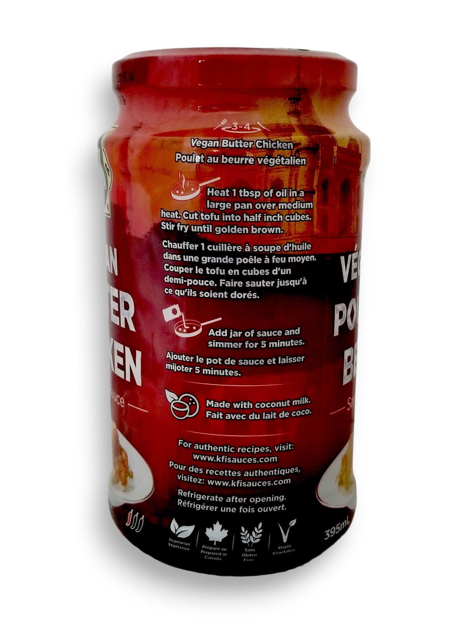 KFI Vegan Butter Chicken Cooking Sauce, 395ml/13.4 oz., Jar, side of jar.