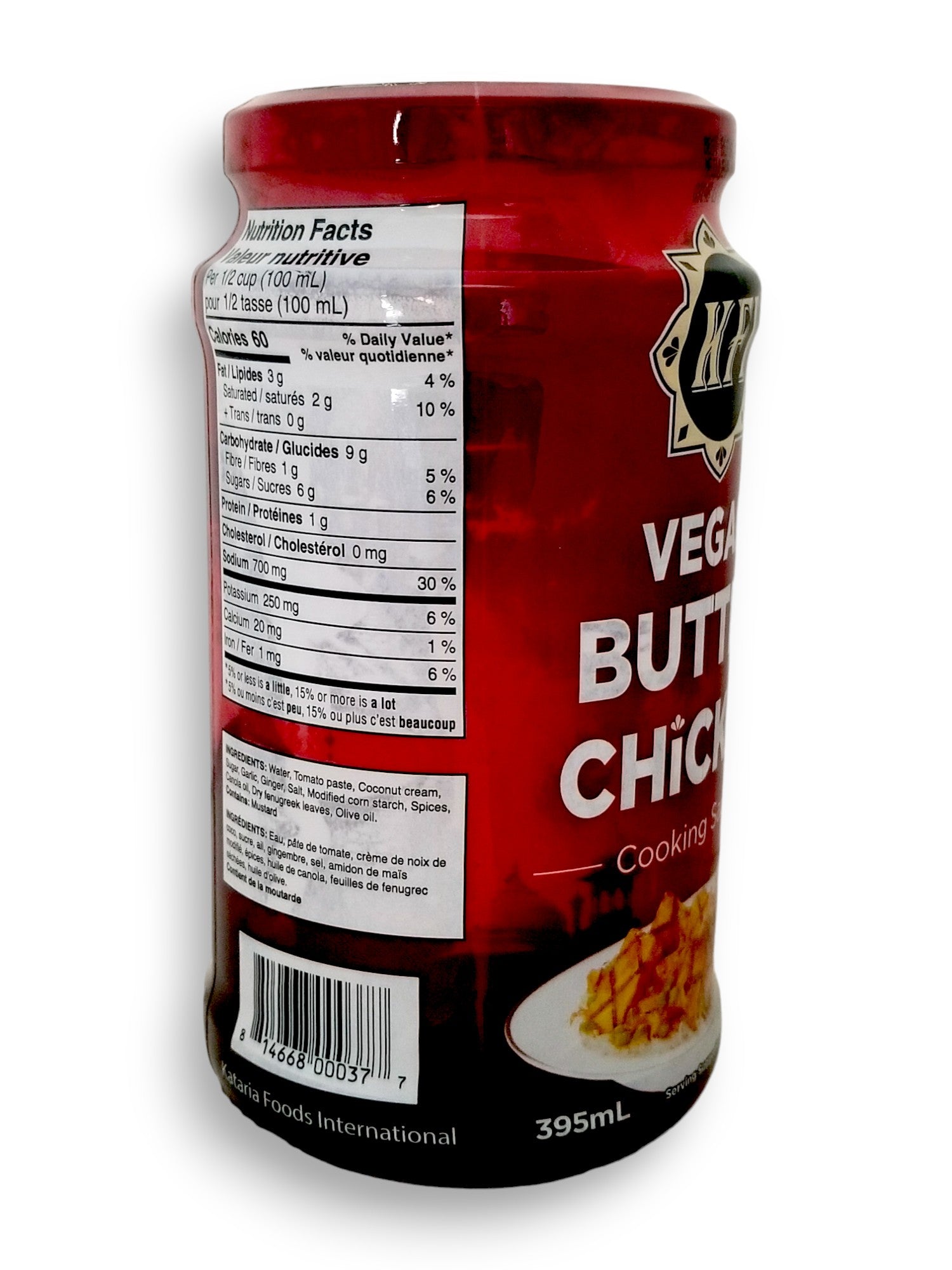 KFI Vegan Butter Chicken Cooking Sauce, 395ml/13.4 oz., Jar, side of jar.