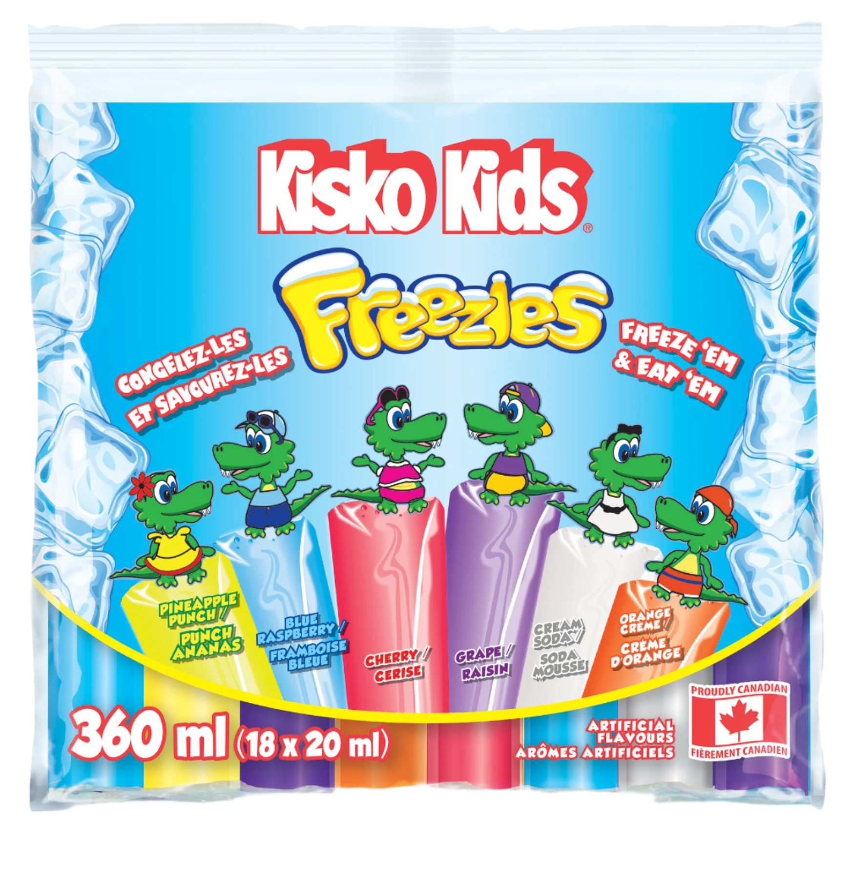 Kisko Kids Freezies, 6 Flavors, 18 x 20ml, 360ml/12.6 fl oz with cartoon characters and flavor options on a white background