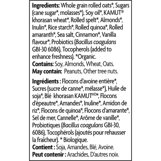 Nature's Path Organic Ancient Grains Probiotic Granola 1 kg ingredients label — certified organic, no artificial flavors