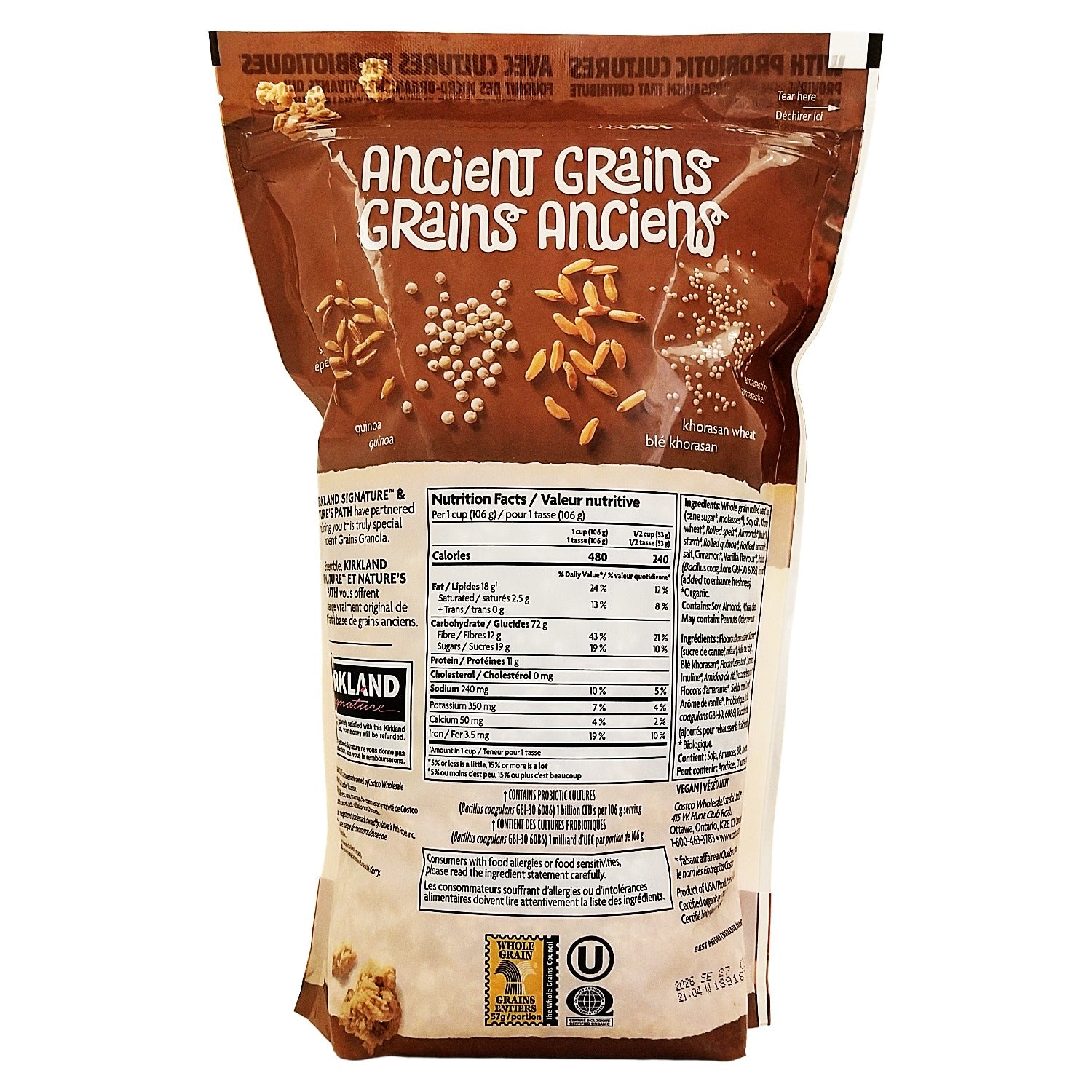 Nature's Path Organic Ancient Grains Probiotic Granola 1 kg back of bag — Canadian probiotic granola shipped to the US