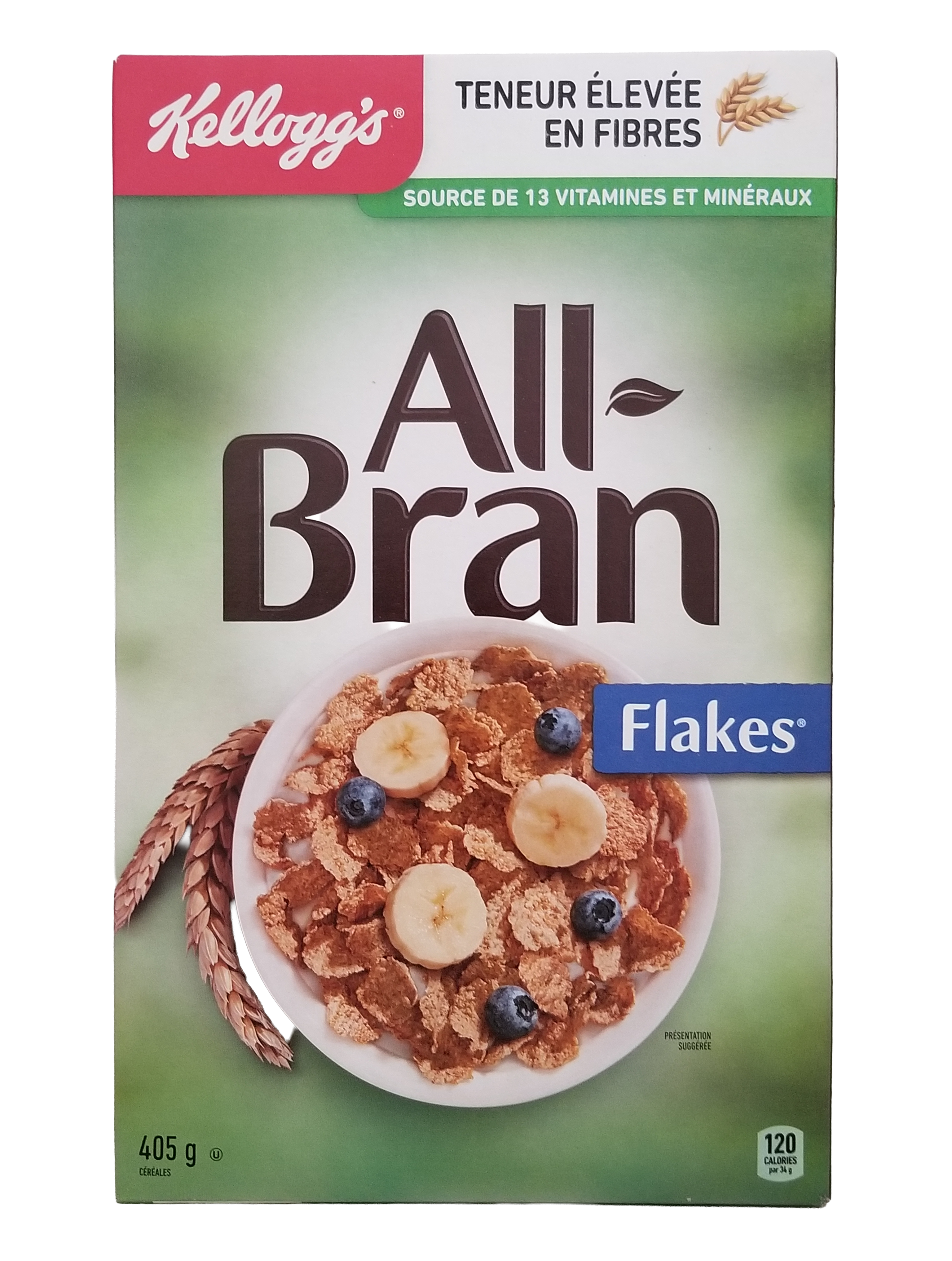 Kellogg's All Bran Flakes cereal box with a bowl of cereal and fruit on a green background