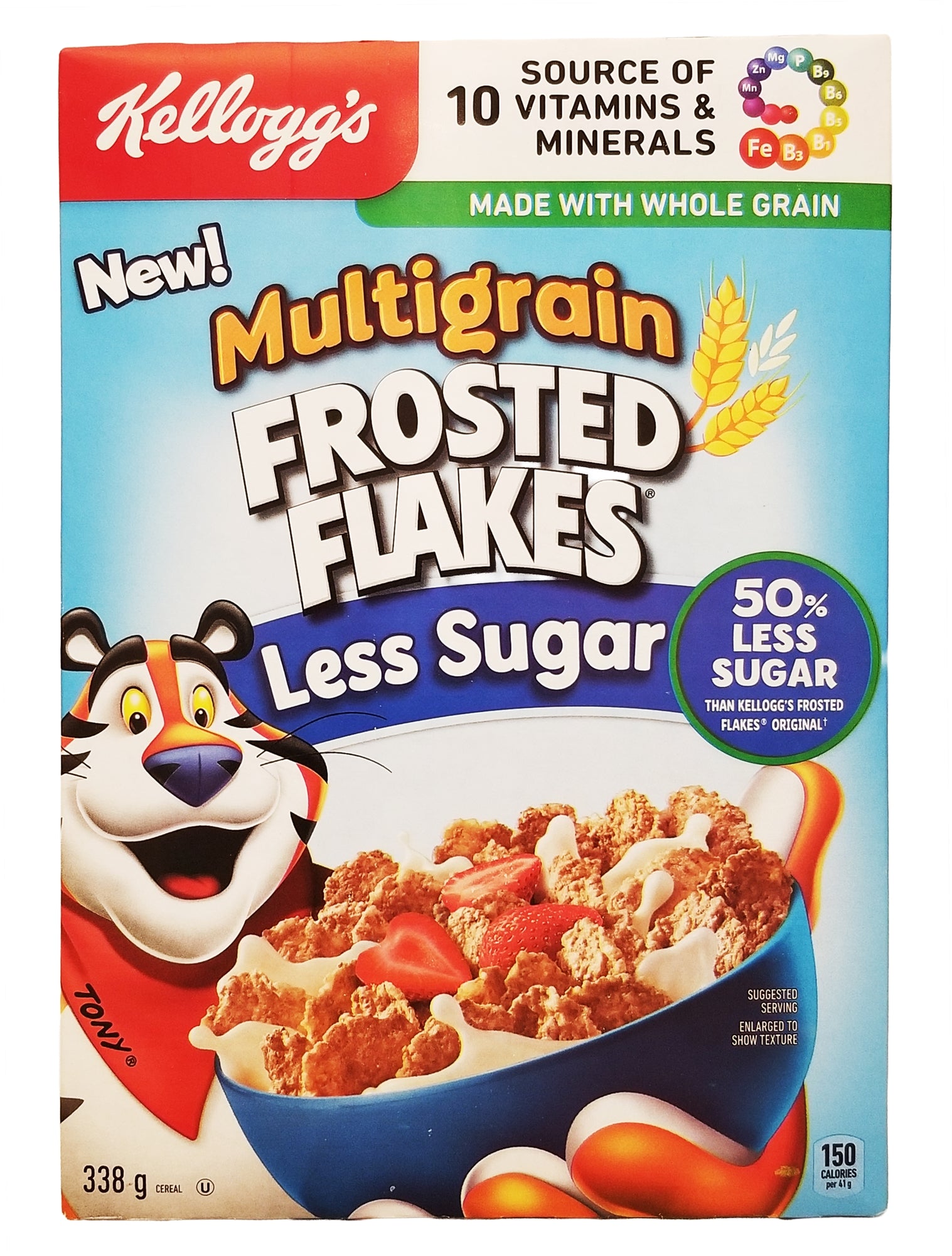 Kellogg's Frosted Flakes Less Sugar 338g front package — reduced sugar breakfast cereal