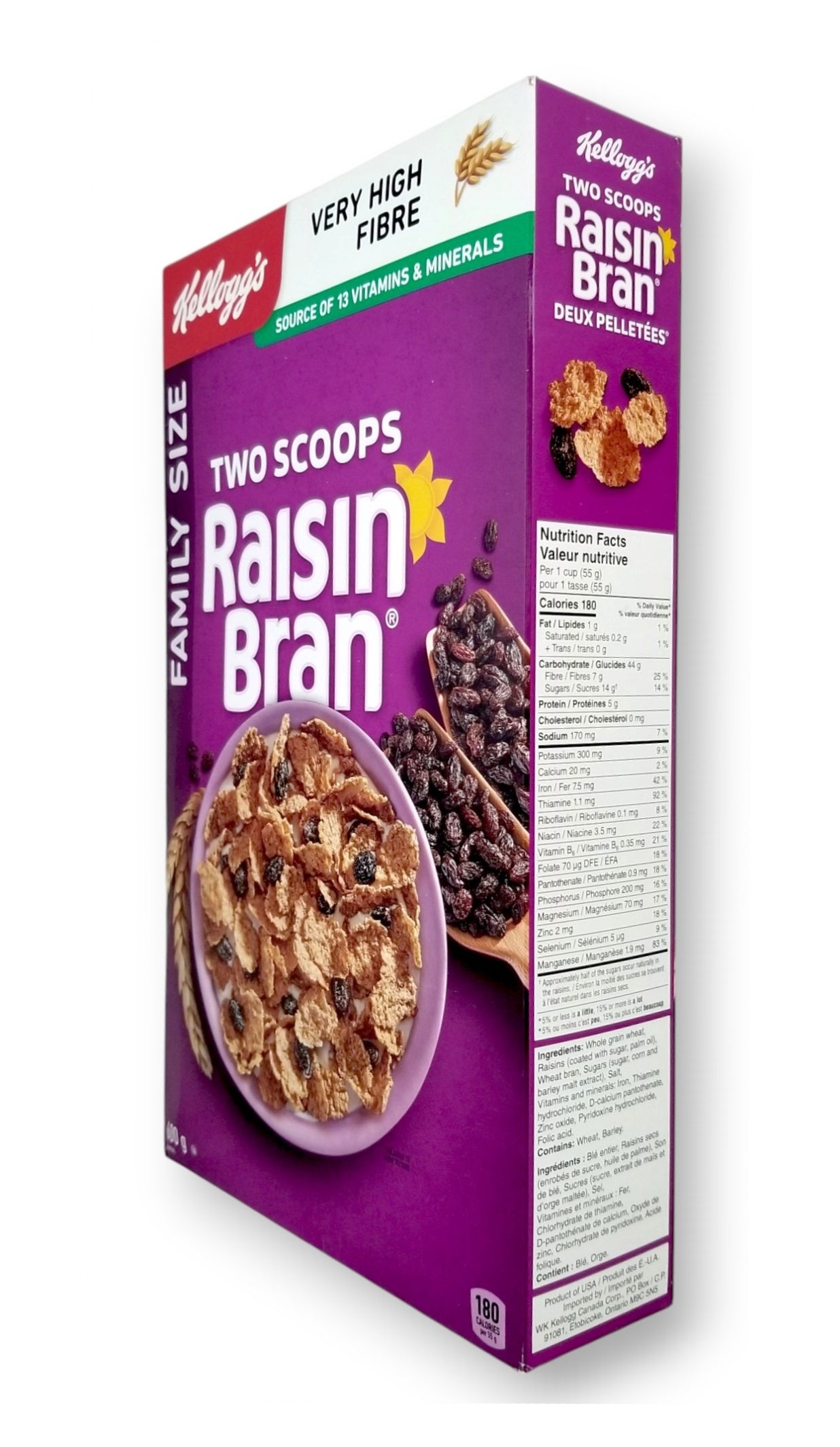 Kellogg's, Two Scoops, Raisin Bran Cereal, 600g/21.2 oz - Left Side