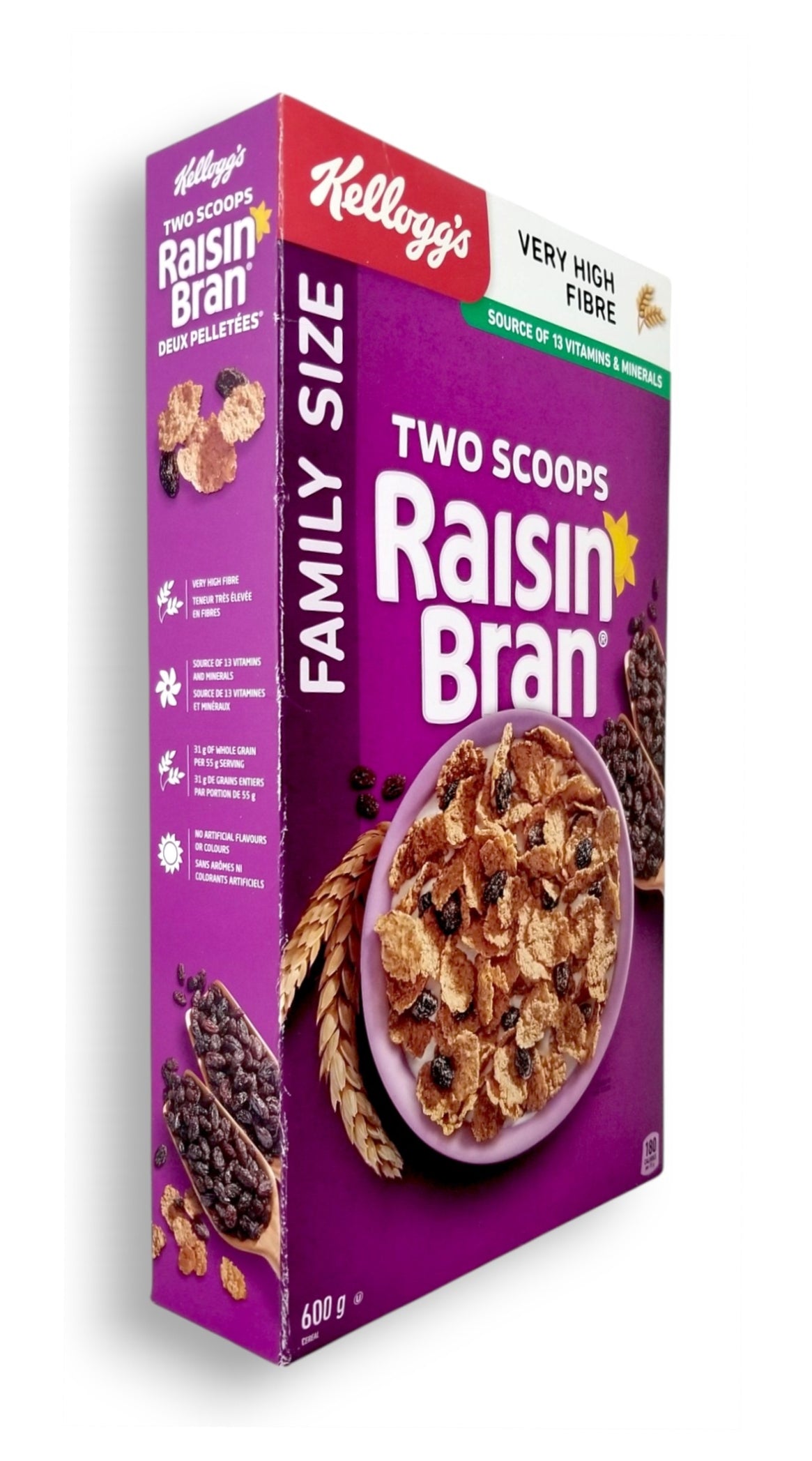 Kellogg's, Two Scoops, Raisin Bran Cereal, 600g/21.2 oz - Right Side