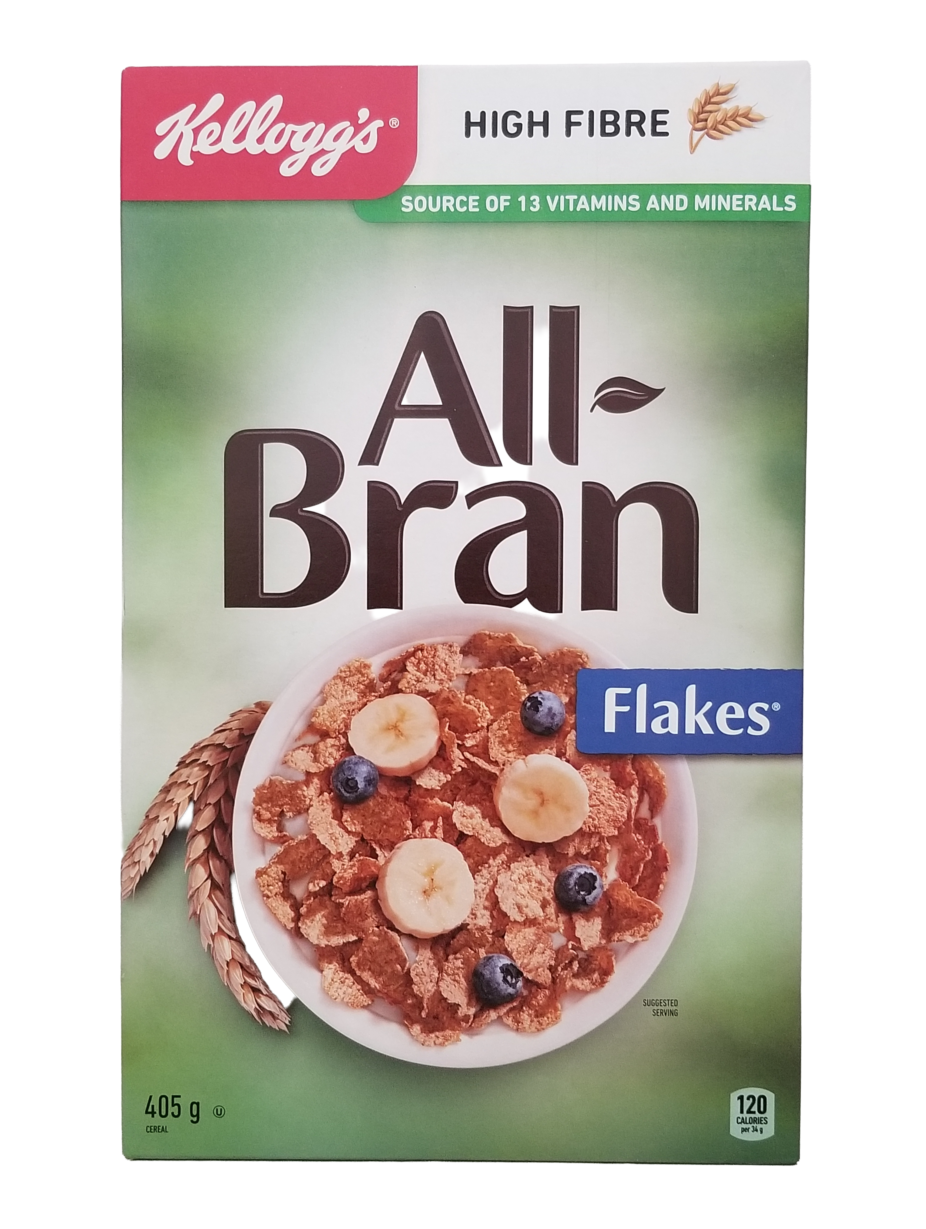 Kellogg's All Bran Flakes cereal box with a bowl of cereal and fruit on a green background