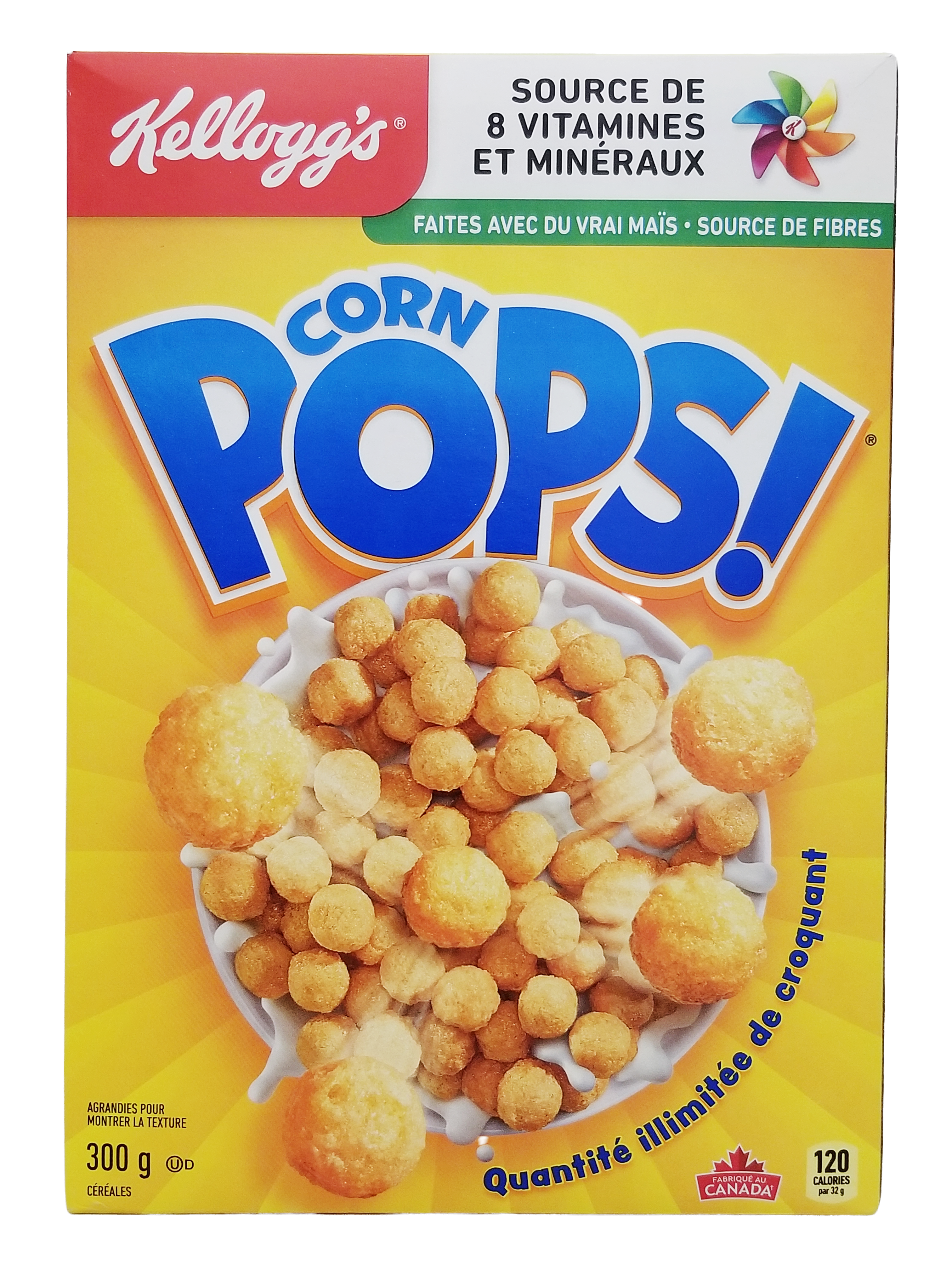 Kellogg's Corn Pops Cereal 300g/10.5 oz box with a bowl of cereal on a yellow background
