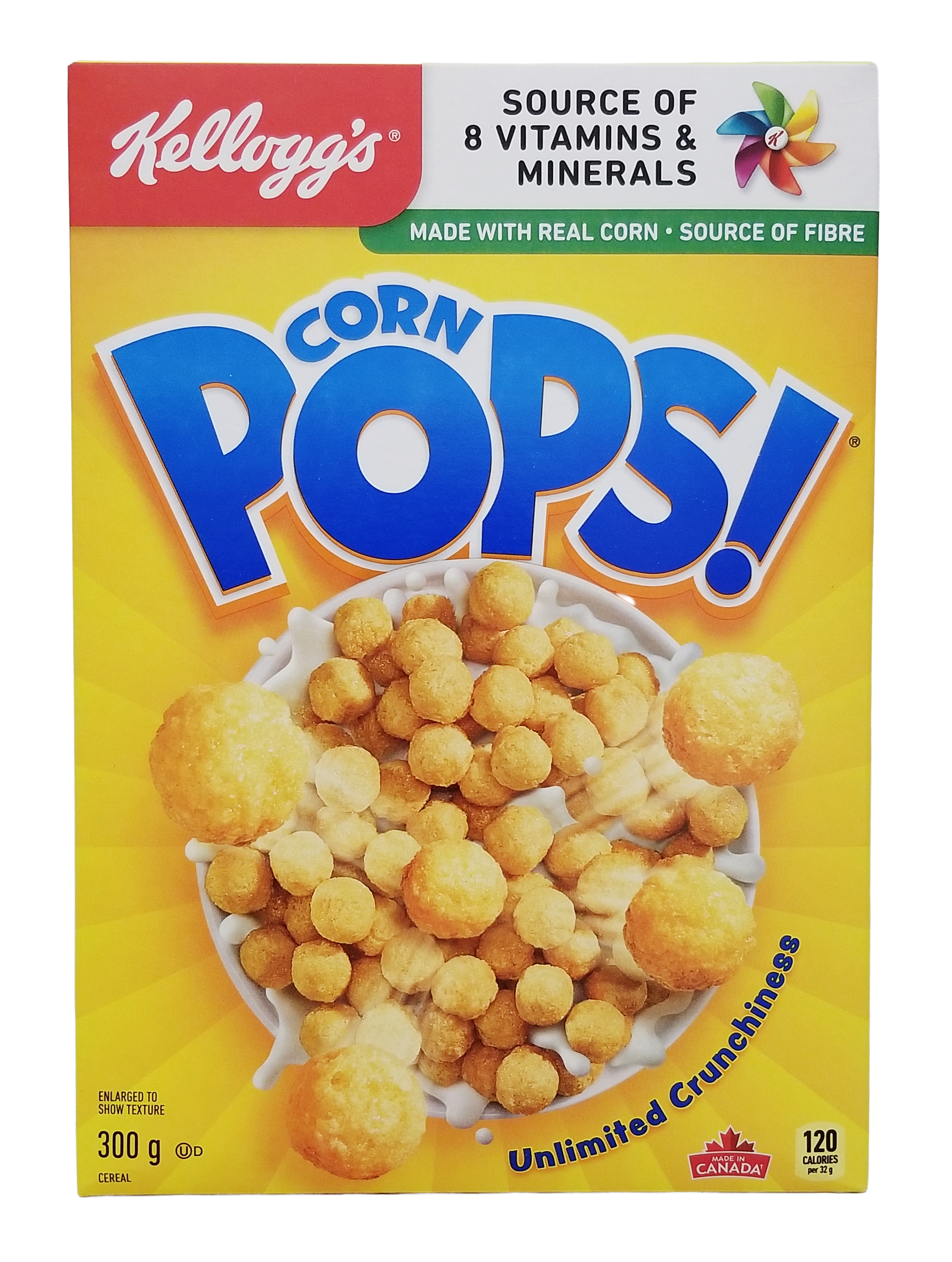 Kellogg's Corn Pops Cereal 300g/10.5 oz box with a bowl of cereal on a yellow background