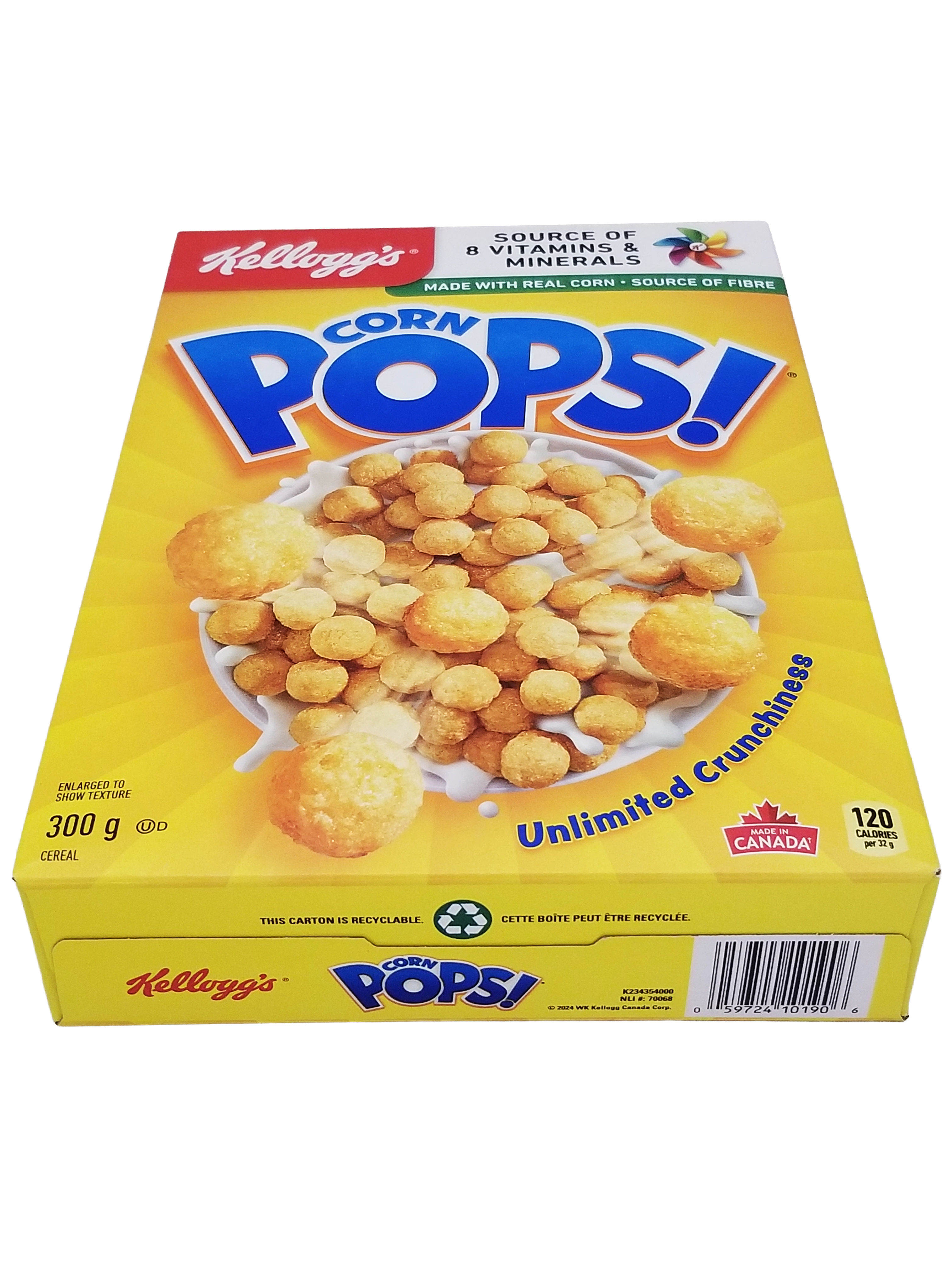 Box of Kellogg's Corn Pops Cereal 300g/10.5 oz on a white background