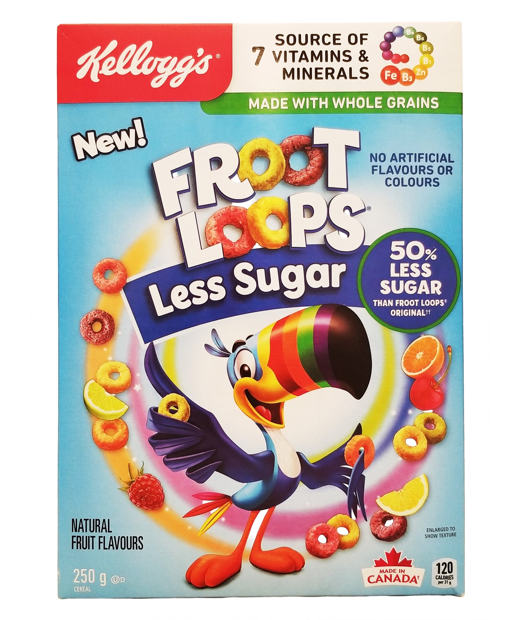 Kellogg's Froot Loops Less Sugar 250g front package — reduced sugar breakfast cereal