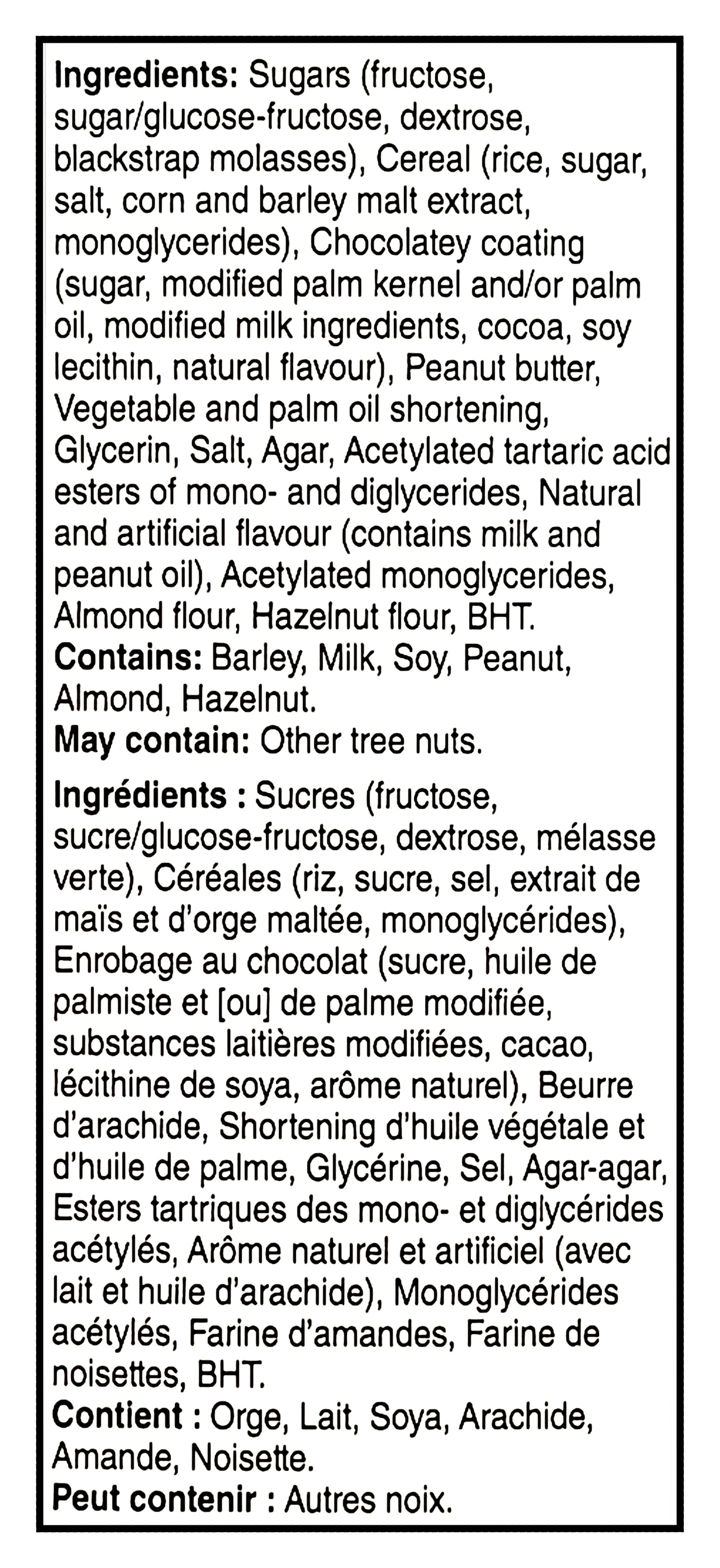 List of ingredients and allergens for Kellogg's Rice Krispies Squares Nut Butter - 154g  on a food label.