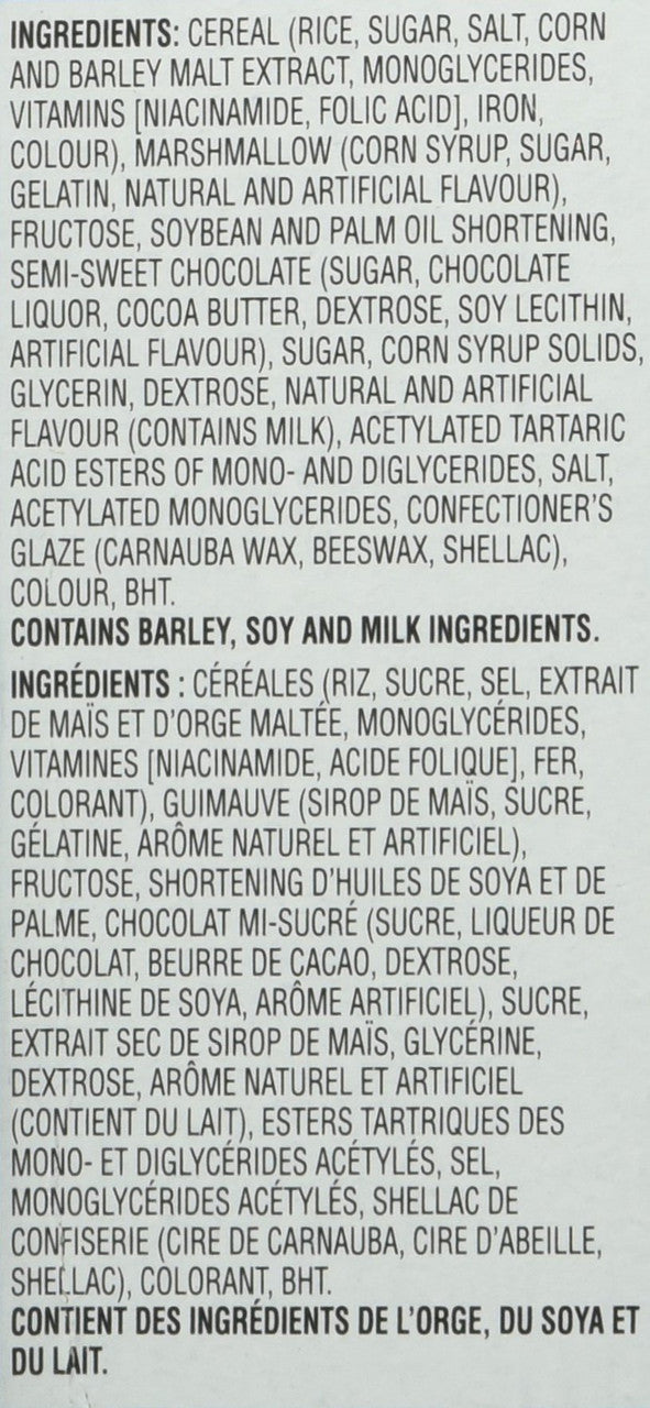 Kellogg's Rice Krispies Square Bars, 8ct, Rainbow Cereal Bars 176g/6.2oz., Box Ingredients Label