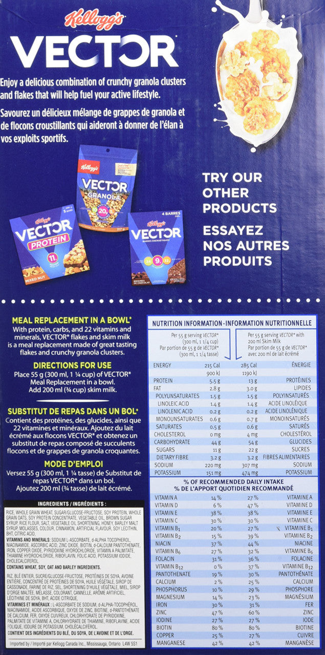 Kellogg's Vector Meal Replacement Cereal, 1.13 Kg/2.5lbs Box Back Side