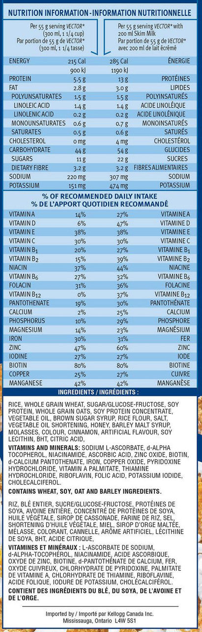 Kellogg's Vector Meal Replacement Cereal, 1.13 Kg/2.5lbs Nutrition Facts