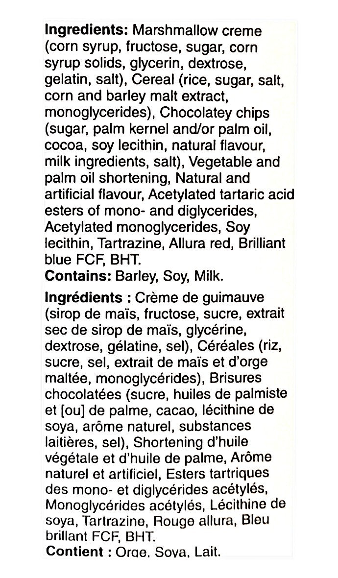 Kellogg's Rice Krispies Squares, Chocolate Chip-Cookie Dough, ingredients label