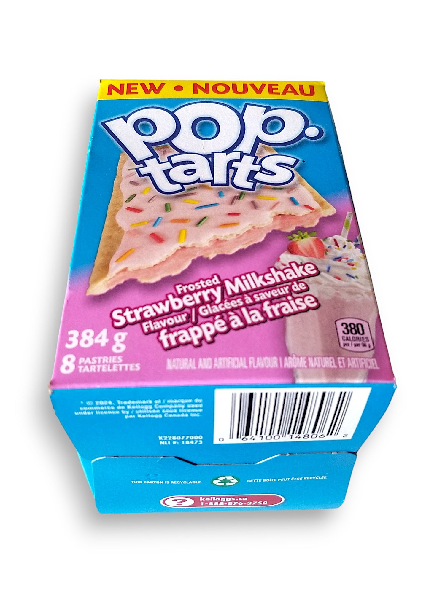 Kellogg's Pop-Tarts, Frosted Strawberry Milkshake Flavored, 8 pastries, 384g, bottom of box.