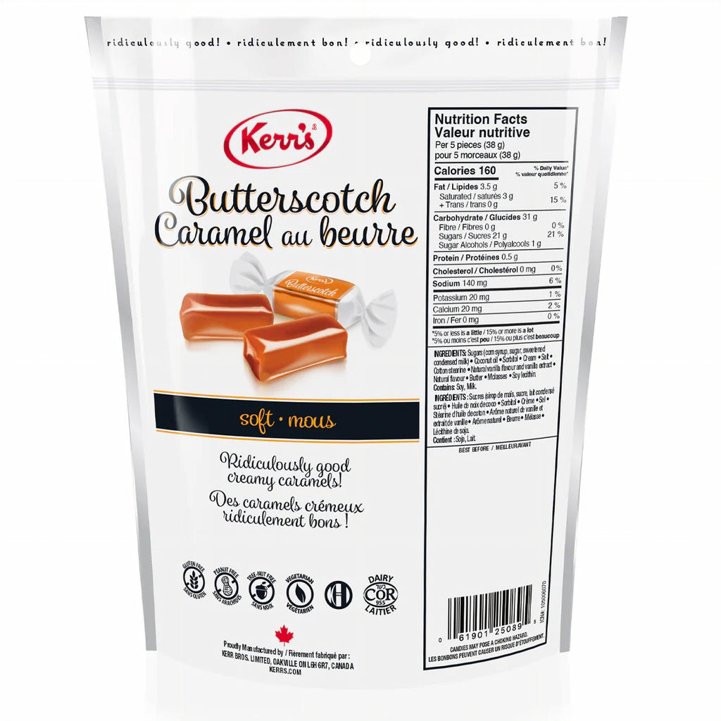 Back of Kerr's Soft Butterscotch Caramel, 123g/4.3 oz. Bag