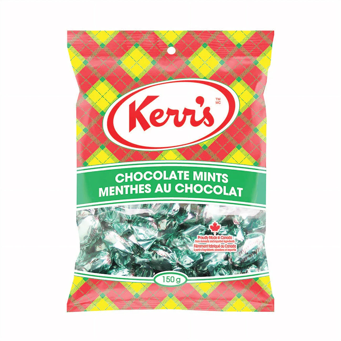 Front of Kerr's Chocolate Mint Candy, 150g/5.3 oz., Bag