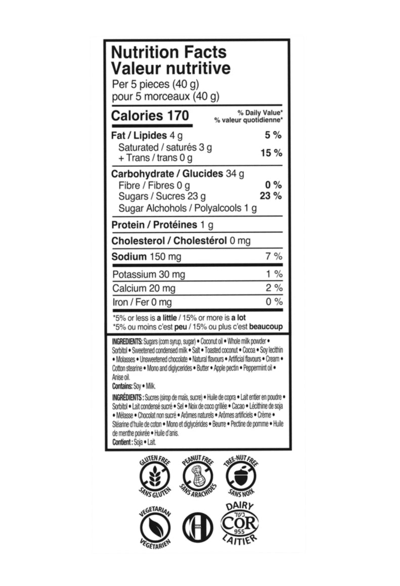Kerr's Assorted Toffee Candies, 340g/12 oz., Bag, nutrition facts & ingredients label