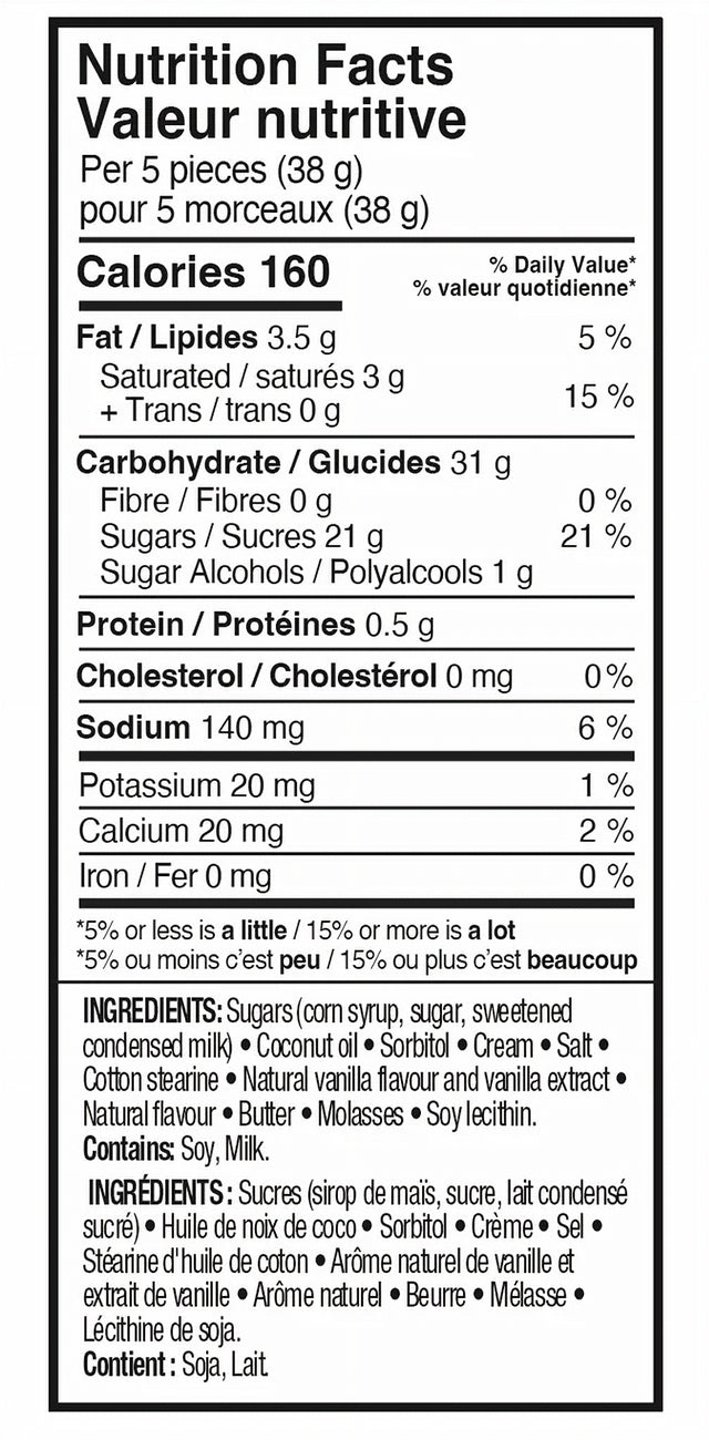 Nutrition facts & ingredients label of Kerr's Soft Butterscotch Caramel, 123g/4.3 oz. Bag
