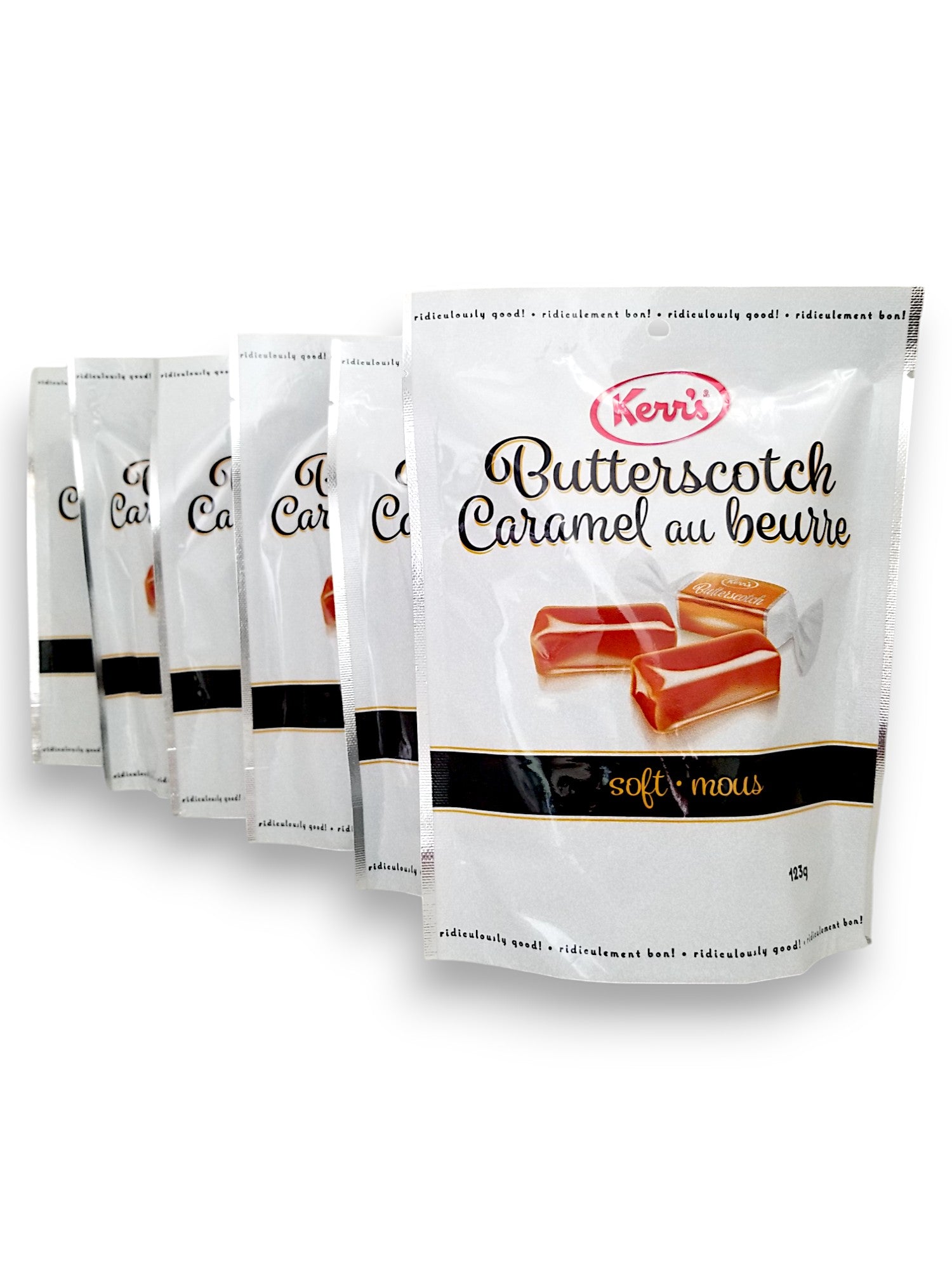 Front of Kerr's Soft Butterscotch Caramel, 6 Pack, (6x123g)/1.6 lbs. Box