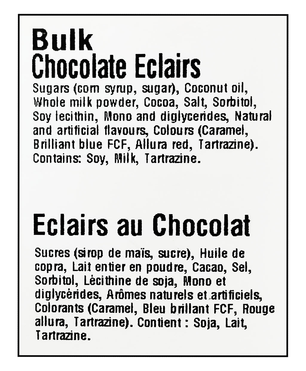 Kerr's Bulk Assorted Chocolate Eclairs, 5kg/11 lbs. - Ingredients Label