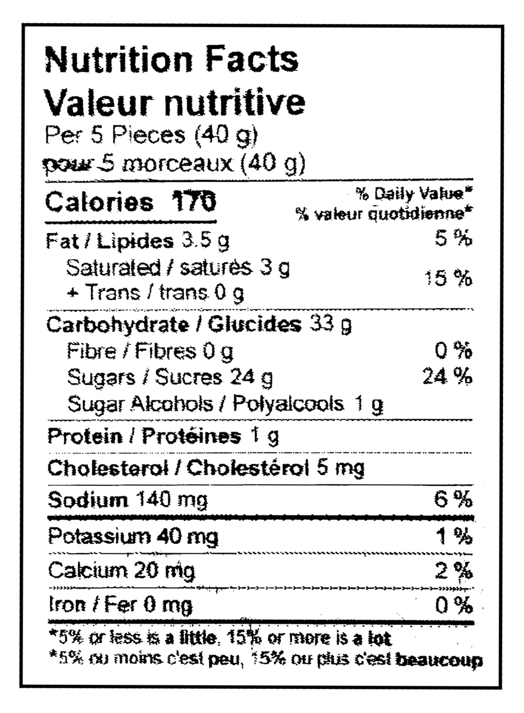 Kerr's Bulk Assorted Chocolate Eclairs, 5kg/11 lbs. - Nutrition Facts Label