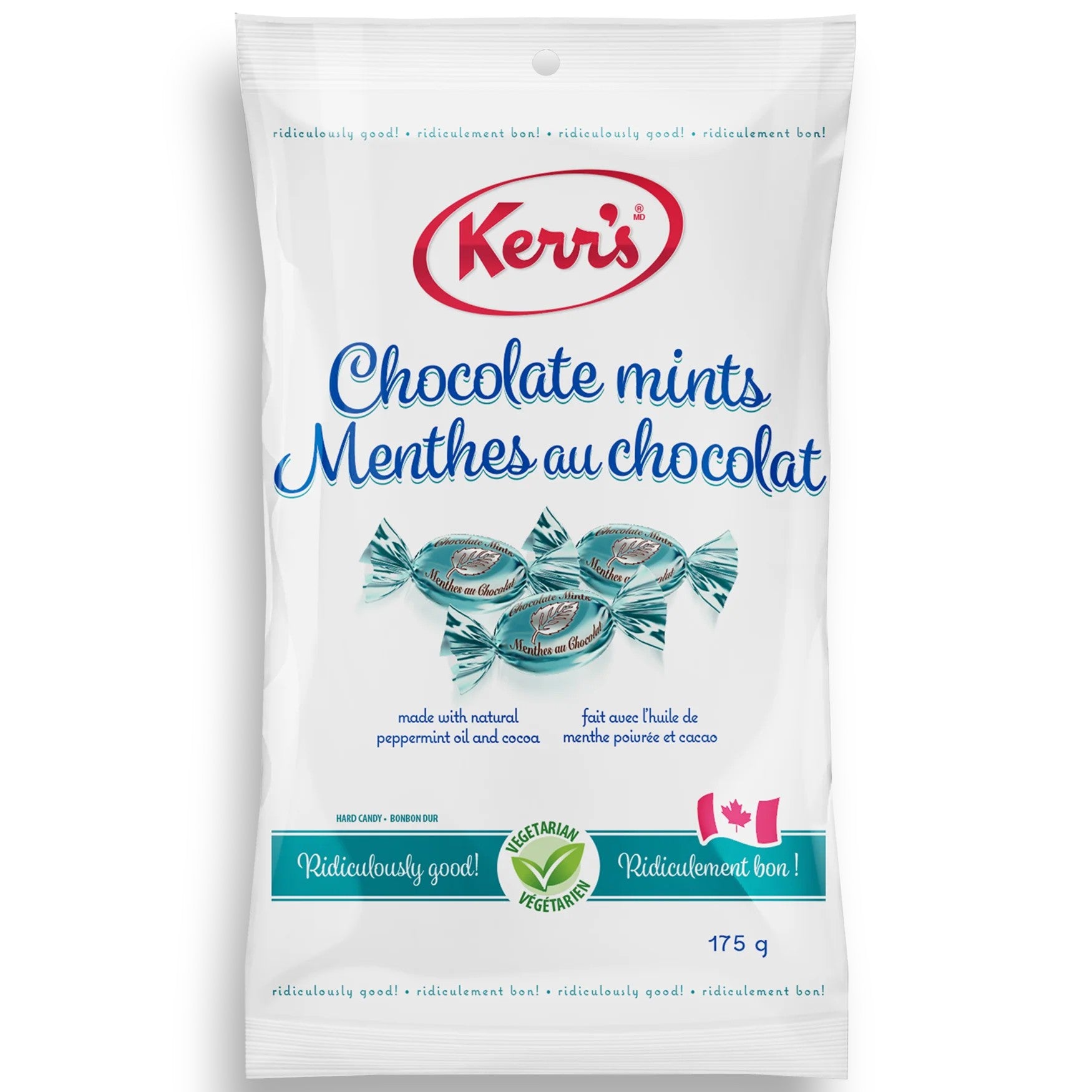 Front of Kerr's Chocolate Mint Candy, 12pk, 175g/6.2oz., Box