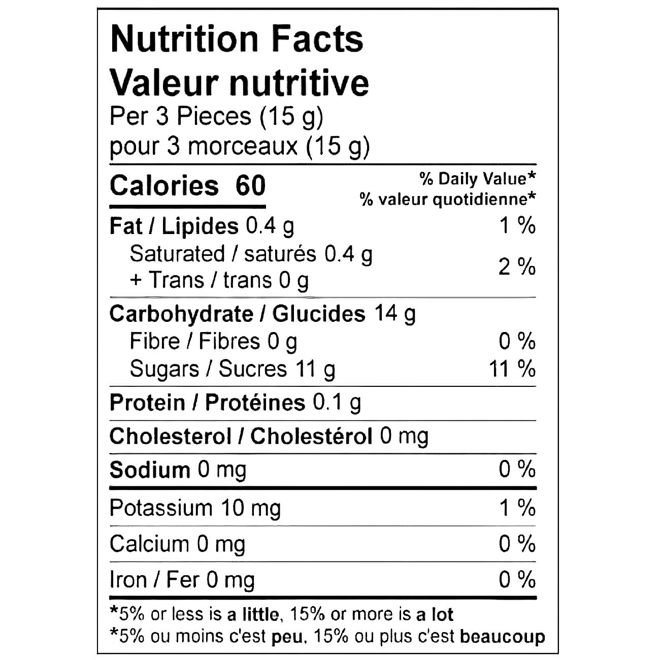 Nutrition facts label of Kerr's Chocolate Mint Candy, 12pk, 175g/6.2oz., Box