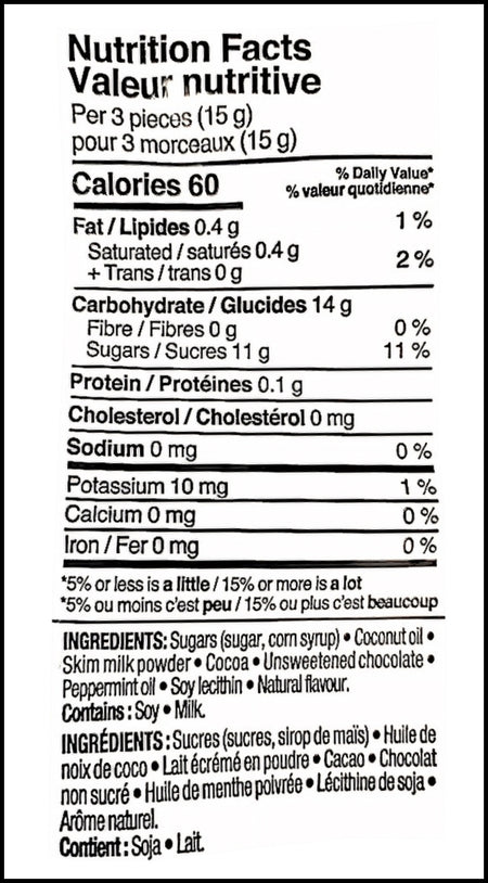 Nutrition facts & ingredients label of Kerr's Chocolate Mint Candy, 12pk, 175g/6.2oz., Box