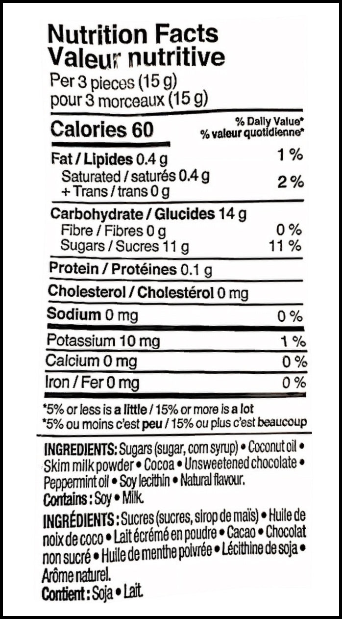 Nutrition facts & ingredients label of Kerr's Chocolate Mint Candy, 150g/5.3 oz., Bag