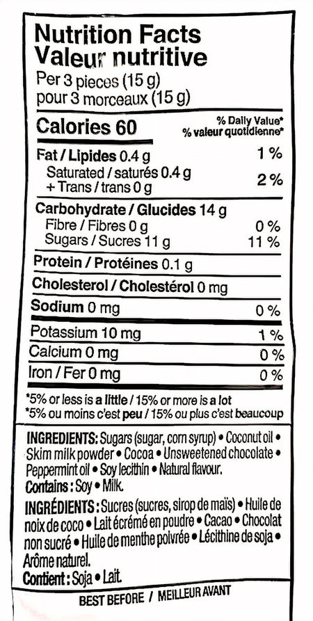 Kerr's Chocolate Mint Candy, 175g/6.2oz., Bag, nutrition facts & ingredients label.