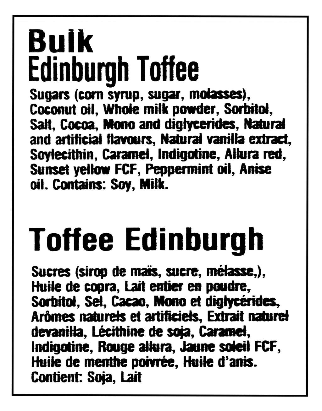 Kerr's Bulk Edinburgh Assorted Toffee Candies, 5kg/11 lbs. - Ingredients Label