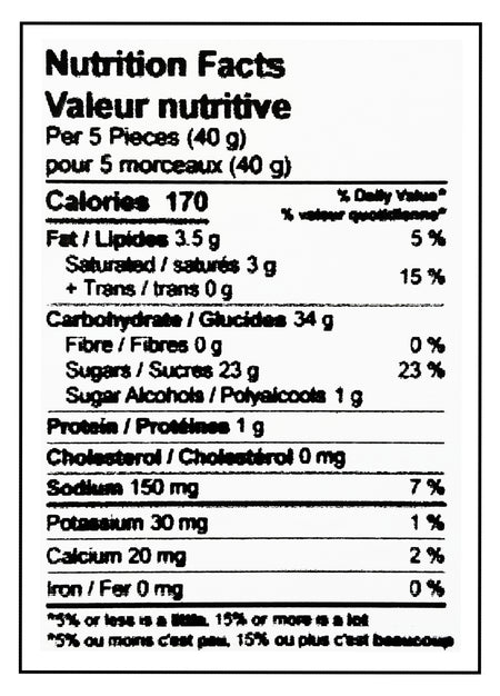 Kerr's Bulk Edinburgh Assorted Toffee Candies, 5kg/11 lbs. - Nutrition Facts Label