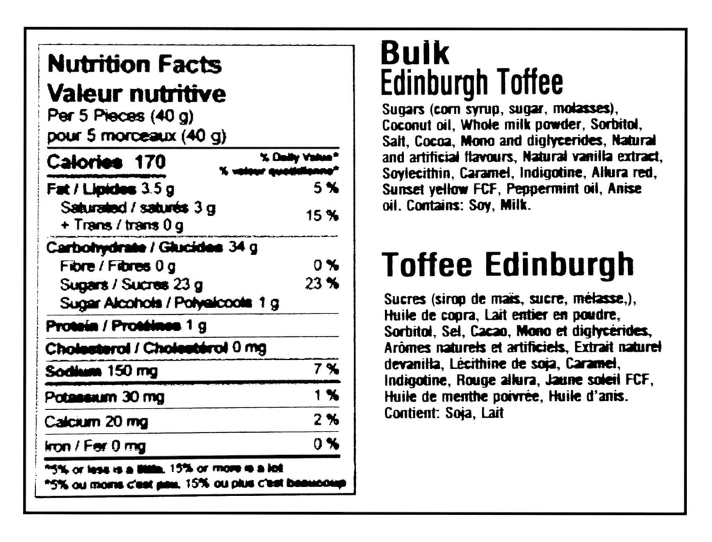 Kerr's Bulk Edinburgh Assorted Toffee Candies, 5kg/11 lbs. - Nutrition Facts & Ingredients Label