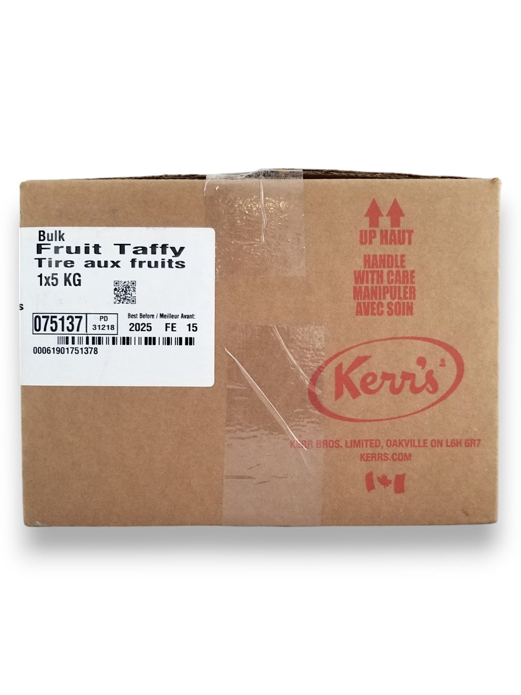 Kerr's Bulk Assorted Fruit Taffy Candy, 5kg/11 lbs. - Front Of Box