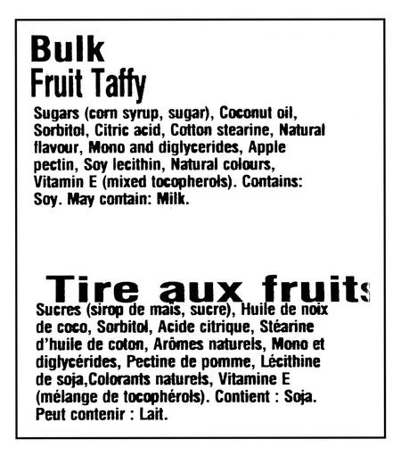 Kerr's Bulk Assorted Fruit Taffy Candy, 5kg/11 lbs. - Ingredients Label