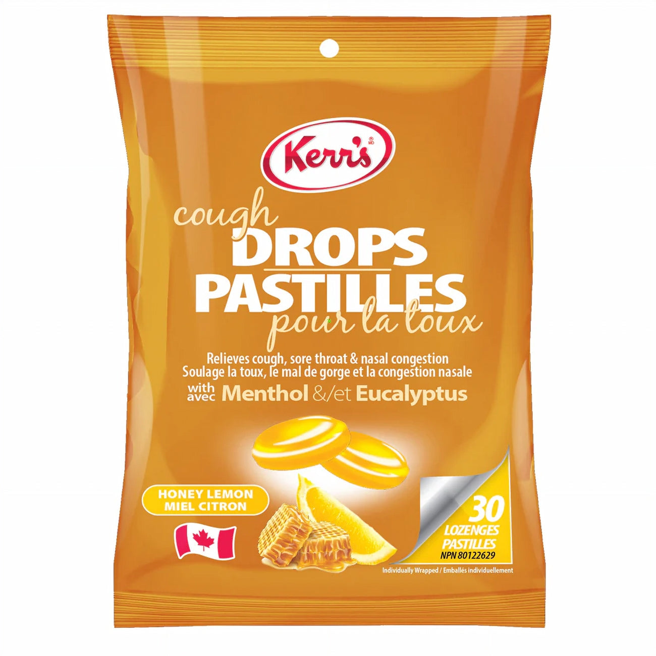 Kerr's Honey Lemon Cough Drops with Menthol & Eucalyptus, 30 Lozenges - Front