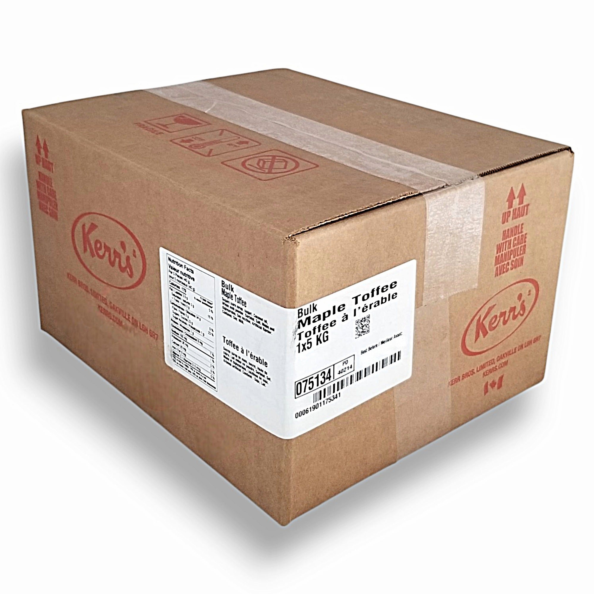 Angled view of Kerr’s Maple Toffee bulk box