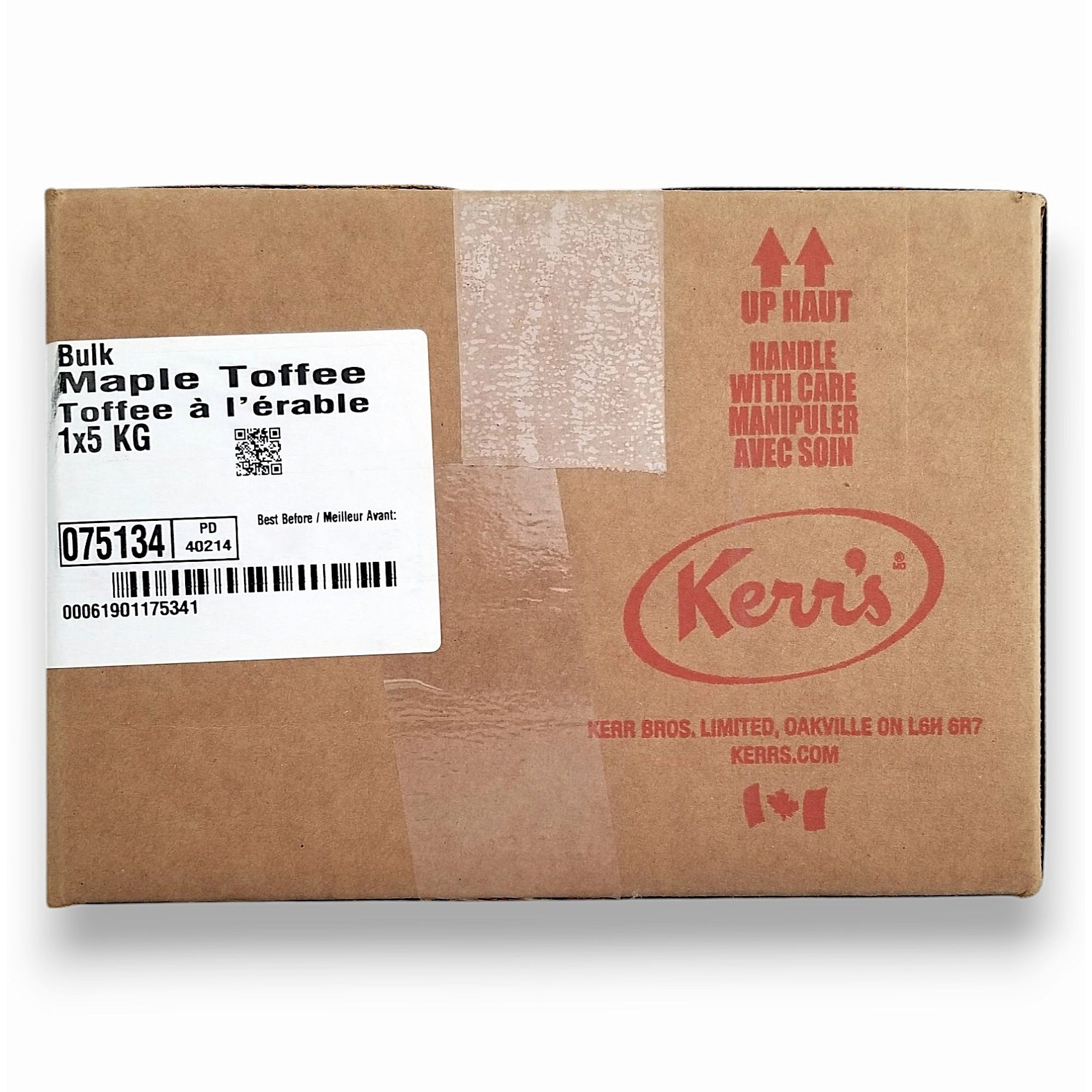 Front label of Kerr’s Maple Toffee 5 kg box