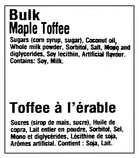 Kerr's Bulk Maple Toffee Candies, 5kg/11 lbs. - Ingredients Label