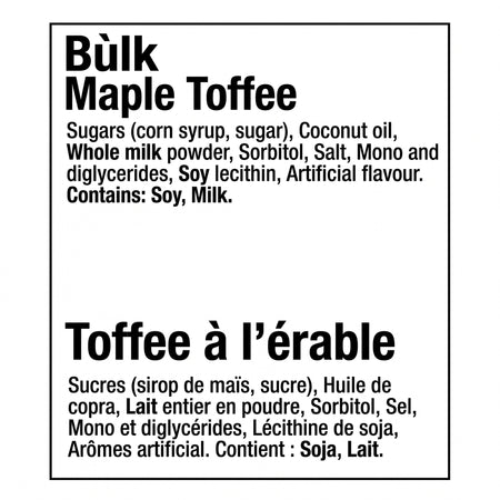 Kerr’s Maple Toffee ingredients panel